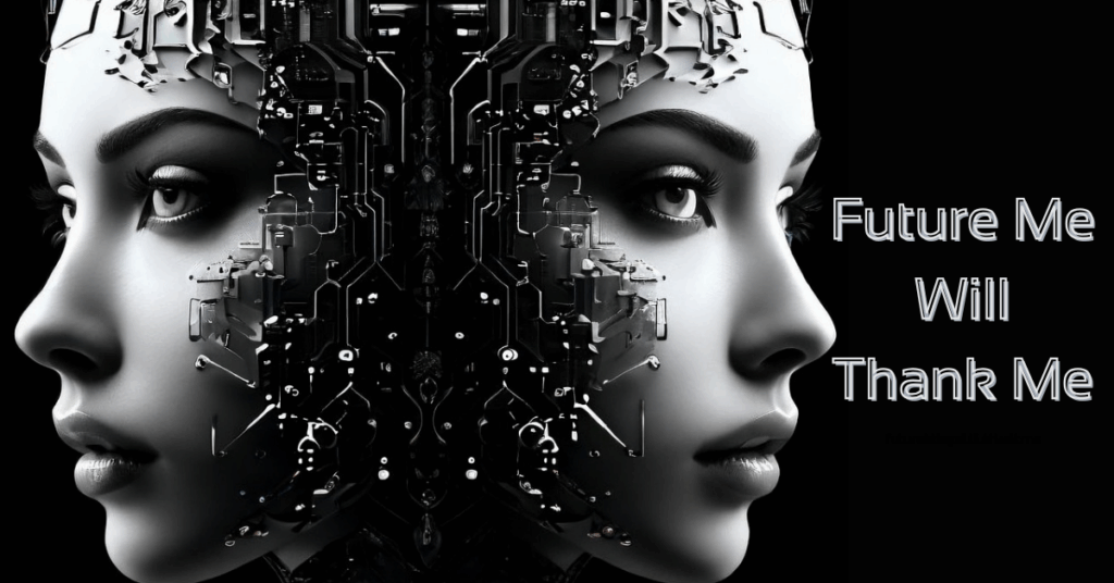 Futuristic mirrored female faces representing current and future self