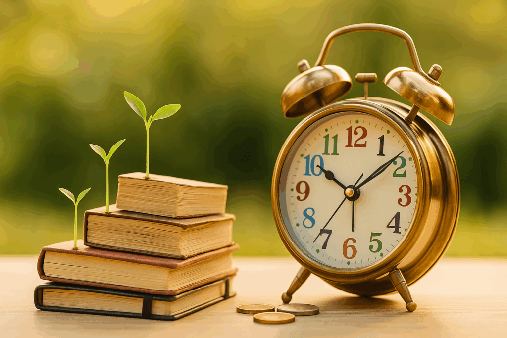 A vintage brass alarm clock beside stacked notebooks with seedlings sprouting from the pages, set against a soft garden background. Symbolizes the slow, organic process of scaling a blog.