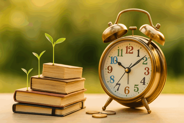A vintage brass alarm clock beside stacked notebooks with seedlings sprouting from the pages, set against a soft garden background. Symbolizes the slow, organic process of scaling a blog.