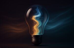 A glowing light bulb in the dark with fluid golden and plum light swirling inside, symbolizing creative destruction and AI as transformation, not chaos.