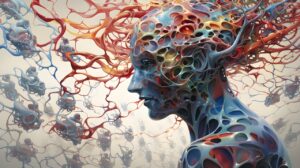 Abstract illustration of a human head formed by flowing, web-like neural strands, symbolizing ideas connecting and branching.