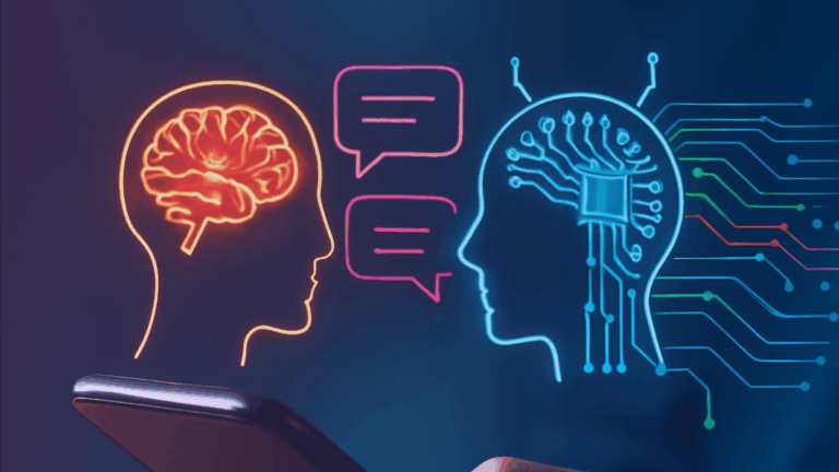 Two digital heads facing each other above a smartphone, one with circuit lines for AI and one in warm tones for human thought, connected by chat bubbles — symbolizing plain language AI prompts.