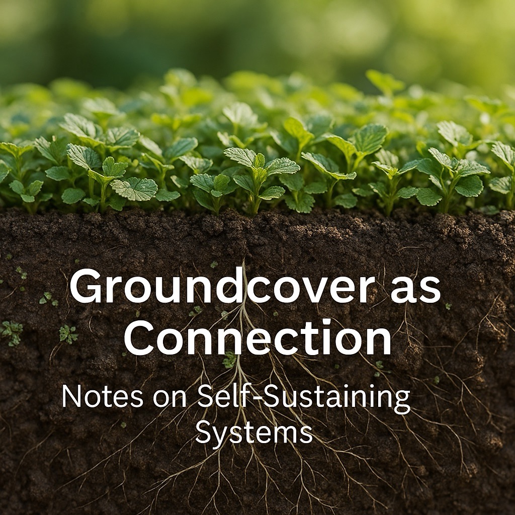 A cross-section of soil showing roots and soft light threads representing self-sustaining systems that connect structure, care, and renewal.