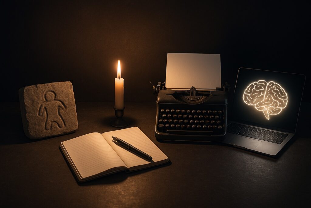 Photoreal image illustrating AI in Practice through the evolution of human knowledge tools — from a stone tablet to paper and pen, a typewriter, an early computer, a modern laptop, and a glowing orb of light symbolizing artificial intelligence — arranged diagonally to convey progress and continuity.